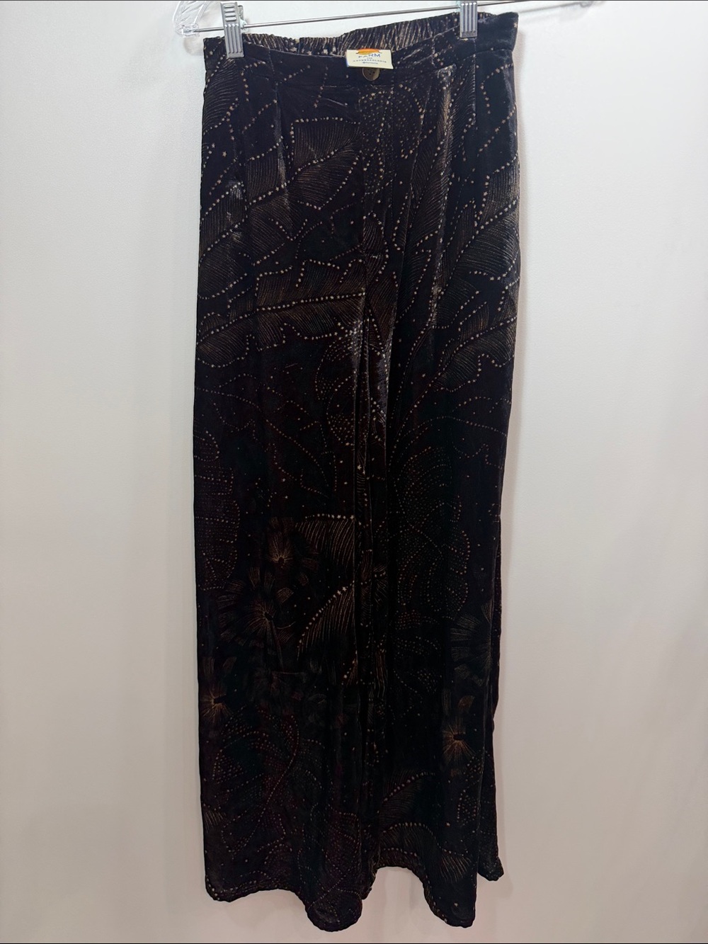 Farm RioXAnthropologie printed velvet pants wide leg black shimmer gold stars XS